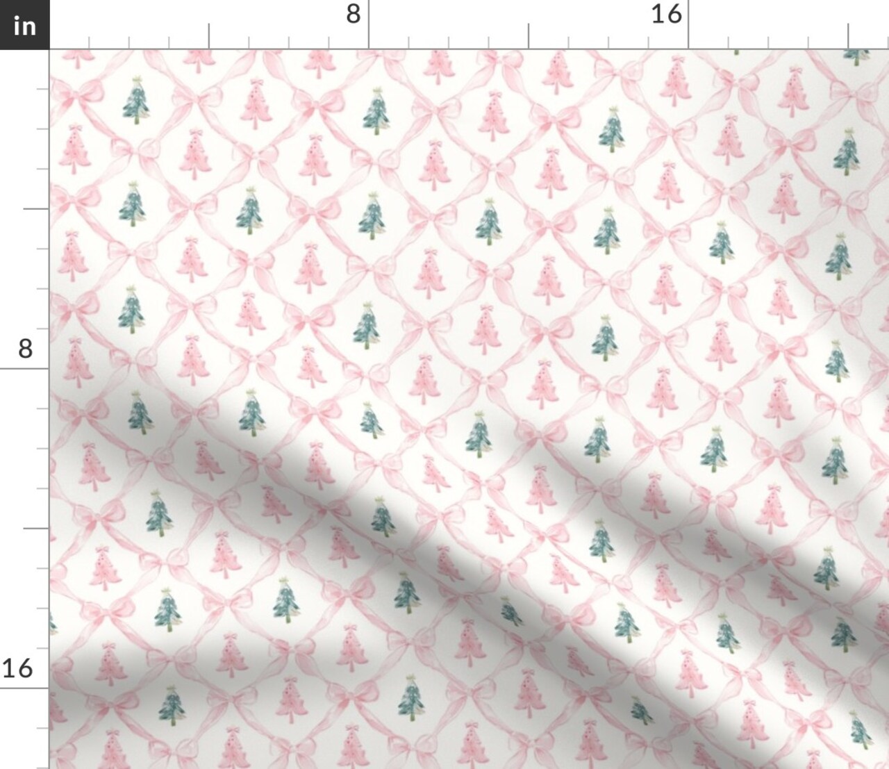 Cottagecore Christmas Bows Pink And Green Preppy Christmas Trees Ribbons Watercolor Coquette Small Scale Mini Dollhouse Pastel Custom Printed Fabric by Spoonflower Various Fabrics by the Yard or Fat Quarter